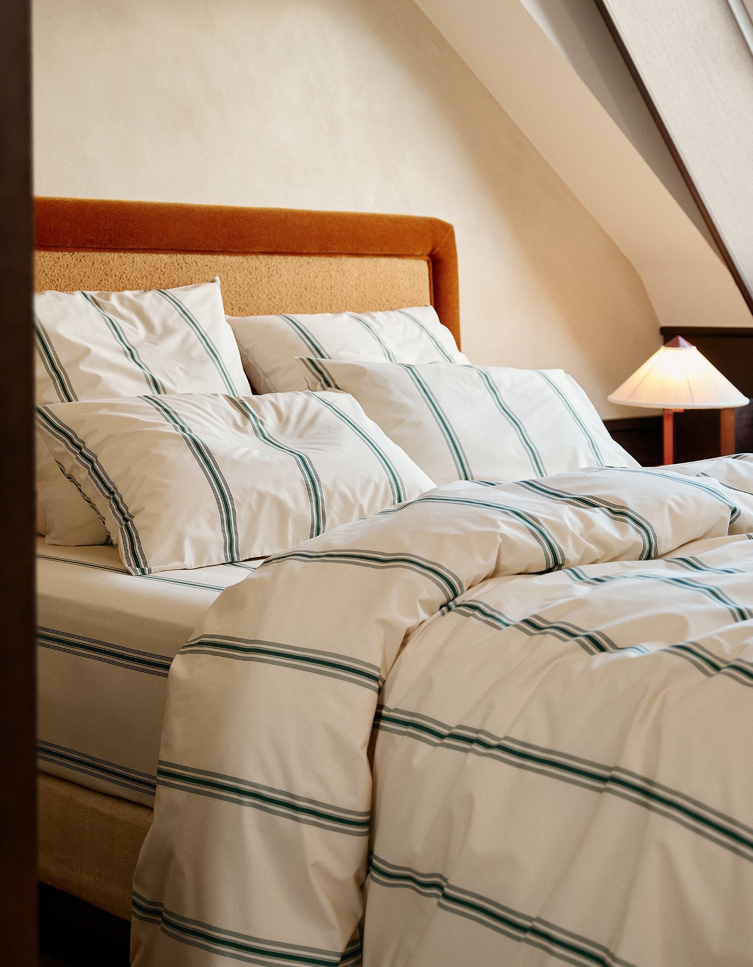 Drap housse Percale de coton 120 fils - Rayure Emeraude